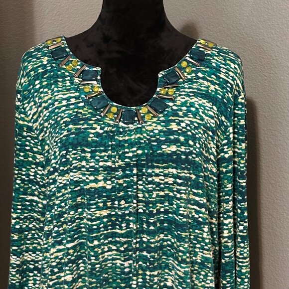 Ruby Rd Blouse XL Green Yellow Beaded Neckline 3/4 Sleeve Stretch Top Boho Print - Picture 2 of 8